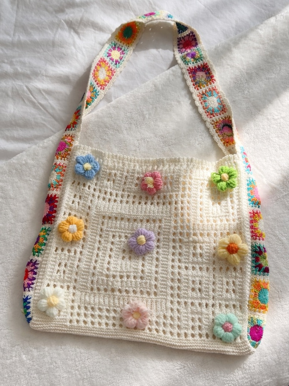 Vintage Crochet Floral Tote Bag Granny Square Boho Cottagecore